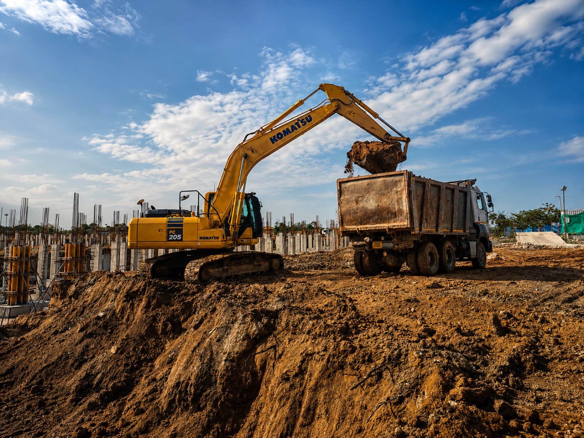 SVSVC excavator loading a tipper beside cast columns on a live site